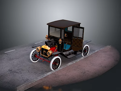 Vintage Classic Automobile With Wooden Body Black Roof And Large Wheels On Road 3d model