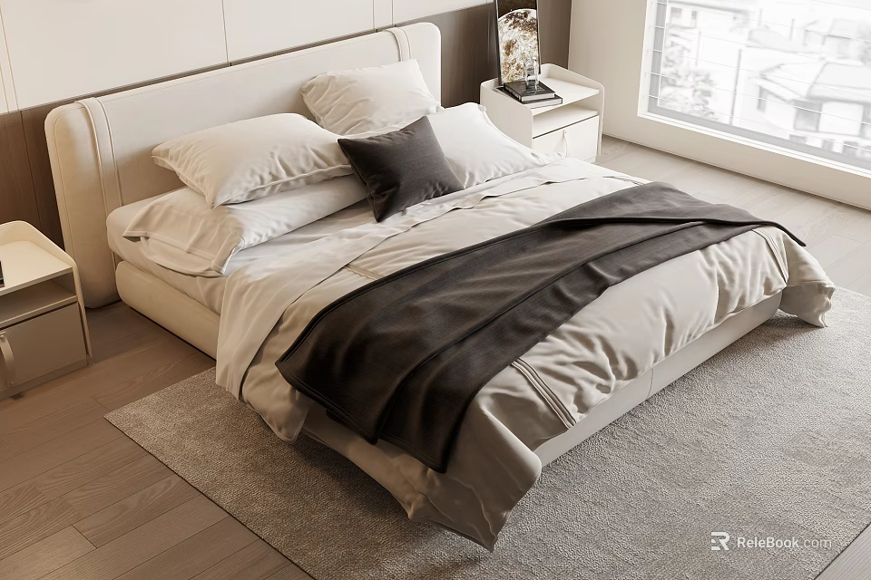 Modern Double Bed Interior With Upholstered Headboard Plush Pillows And Light Bedding 3d model