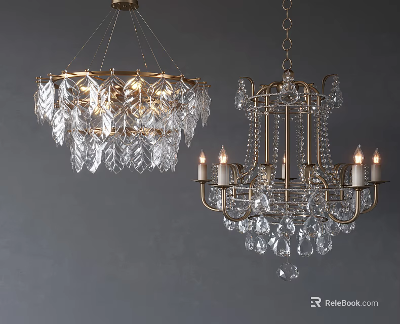 Elegant Crystal Chandeliers With Leaf Shaped Crystals And Candle Holders Design 3d model 