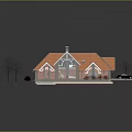 Cartoon House Scene with Red Roof Small Trees and Black Car in Yard