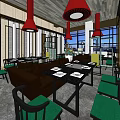 Hotpot Restaurant Interior With Open Layout Colorful Patchwork Floor Red Pendant Lights And Dining Tables