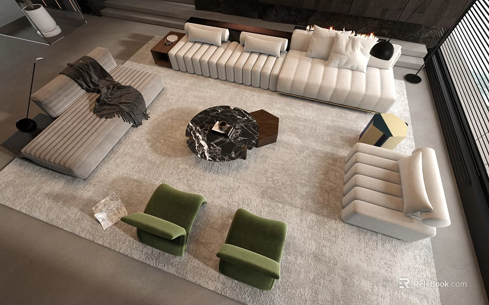 Modern Sofa And Coffee Table Set With Green Accent Chairs And Patterned Rug 3d model