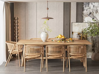 Minimalist Wooden Dining Table Set With Wicker Chairs Vase Fruits And Pendant Light 3d model