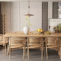 Minimalist Wooden Dining Table Set With Wicker Chairs Vase Fruits And Pendant Light