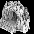 Mysterious Stone Cave Entrance With Illuminated Torches And Stone Steps