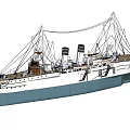 Vintage White Yacht With Gold Accents Sailing On Ocean Under Cloudy Sky