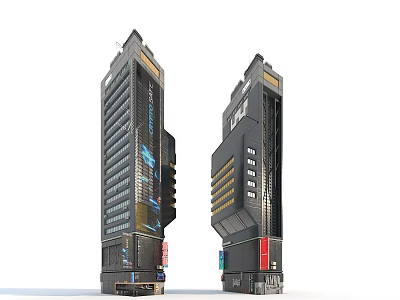 Cartoon Scene Of Futuristic Skyscrapers With Unique Design Colorful Windows And Vibrant Decorative Bases 3d model