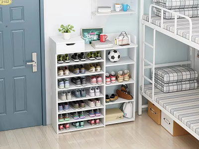 White Multi tiered Shoe Cabinet With Decorative Plants Photo Frame And Handbag Organizing Various Shoes 3d model