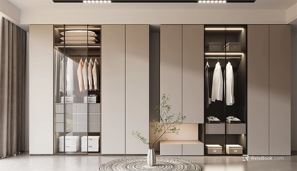 Modern Light Gray Wardrobe With Glass Door Sections Hanging Clothes And Storage Drawers 3d model 