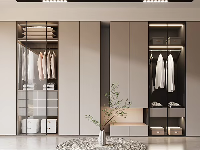 Modern Light Gray Wardrobe With Glass Door Sections Hanging Clothes And Storage Drawers 3d model