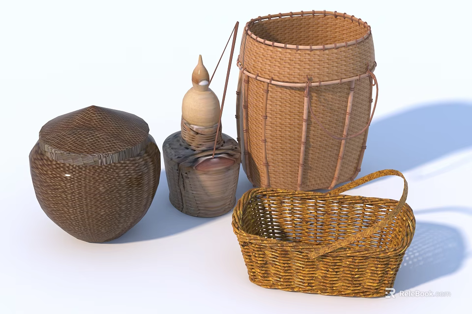 Traditional Handcrafted Woven Bamboo Containers With Lidded Jar and Storage Basket 3d model 
