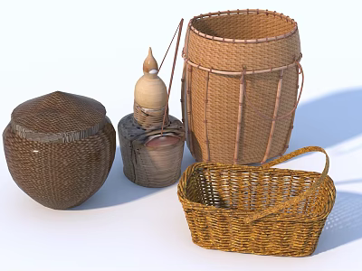 Traditional Handcrafted Woven Bamboo Containers With Lidded Jar and Storage Basket 3d model
