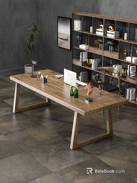 Wooden Desk With Laptop Green Bottles Pen Holder And Bookshelf Decorations 3d model 