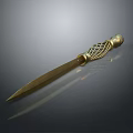 Golden Dagger with Intricate Woven Handle Design Sharp Blade on Dark Background with Reflection 3d model