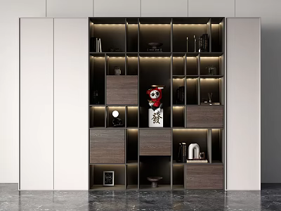 Modern Bookcase With Wooden White Panels Built-in Lighting Multiple Compartments And Decorative Items 3d model