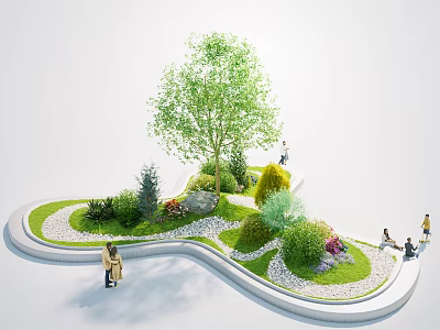 Beautiful Garden Landscape With Winding Path Lawn Trees Shrubs And People Relaxing 3d model