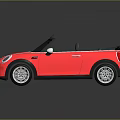Shiny Red Mini Cooper Convertible with White Stripes Black Top and Silver Wheels