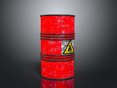 Rusty Red Oil Barrel With Black Metal Hoops And Yellow Warning Sign And Flame Symbol 3d model