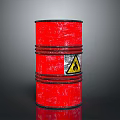 Rusty Red Oil Barrel With Black Metal Hoops And Yellow Warning Sign And Flame Symbol