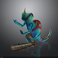 Colorful Horned Chameleon Standing On Wooden Base With Blue Red Green Patterns