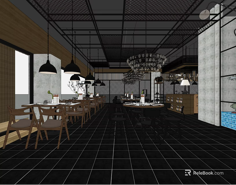 Modern Industrial Restaurant Interior With Wooden Tables Chairs And Hanging Lights 3d model 