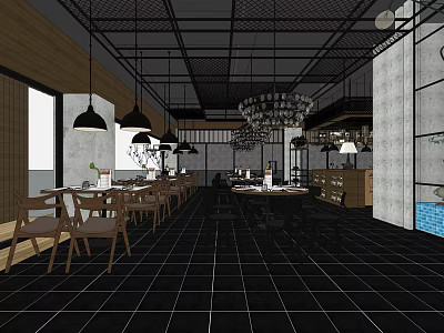 Modern Industrial Restaurant Interior With Wooden Tables Chairs And Hanging Lights 3d model