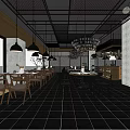 Modern Industrial Restaurant Interior With Wooden Tables Chairs And Hanging Lights