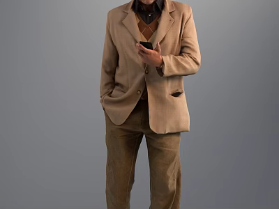 A Man In Beige Blazer And Brown Pants Holding Smartphone Against Gray Background 3d model