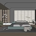 Modern Minimalist Bedroom Interior With Large Bed Green Armchair White Curtains And Wooden Flooring