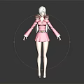 White Haired Female Character 3D Model With Pink Coat Short Skirt Fur Collar And Belt