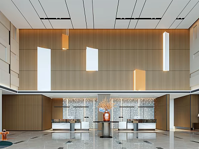 Modern Hotel Lobby Interior Design With Wooden Walls Reception Desk And Decorative Lighting 3d model