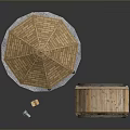 Wooden Gazebo With Hexagonal Roof Railing And Surrounding Decorative Bridge On Gravel Ground