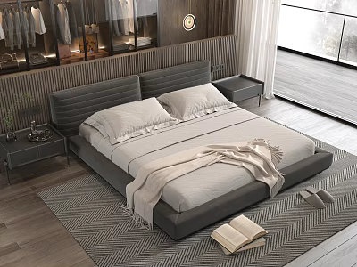 Modern Bedroom Interior With Double Bed Upholstered Headboard Side Tables Geometric Rug And Window View 3d model