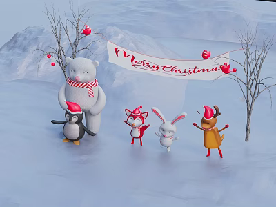 Cartoon Christmas Scene With Snowy Mountain Festive Animals And Merry Christmas Banner 3d model