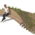 Modern Wooden Outdoor Chair With Wave Design And Built-in Plants In Urban Park