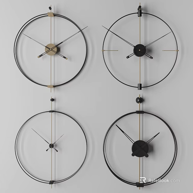 Four Modern Black And Gold Circular Wall Clocks On Gray Wall Design 3d model 