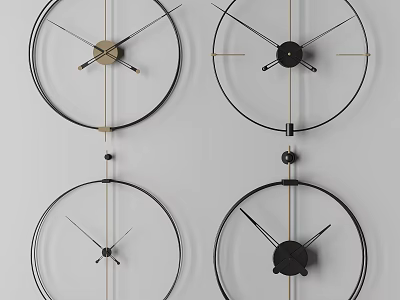 Four Modern Black And Gold Circular Wall Clocks On Gray Wall Design 3d model