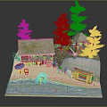 Cartoon Beach Scene With Thatched Hut Trees Boat Umbrella And Water Decorations