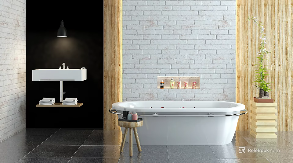 Modern Bathroom Interior Featuring White Bathtub White Brick Wall and Black Floor 3d model 