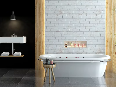 Modern Bathroom Interior Featuring White Bathtub White Brick Wall and Black Floor 3d model