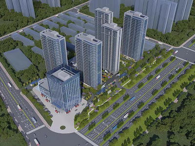 Modern High Rise Office Building Complex With Green Surroundings Parking Area And Roads 3d model