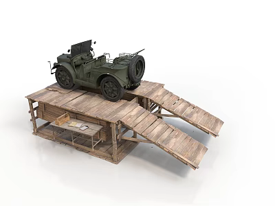 Modern Scene With Vintage Green Car On Wooden Platform And Ramp 3d model