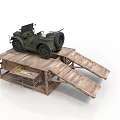 Modern Scene With Vintage Green Car On Wooden Platform And Ramp