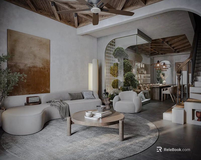 Cozy Living Dining Area With Curved Sofa Coffee Table Ceiling Fan And Art Painting 3d model 
