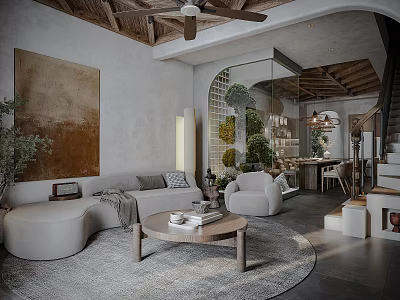 Cozy Living Dining Area With Curved Sofa Coffee Table Ceiling Fan And Art Painting 3d model