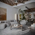 Cozy Living Dining Area With Curved Sofa Coffee Table Ceiling Fan And Art Painting