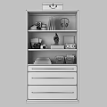 Modern Wardrobe With Shelves Drawers And Stored Books Headphones Camera Decorative Balls