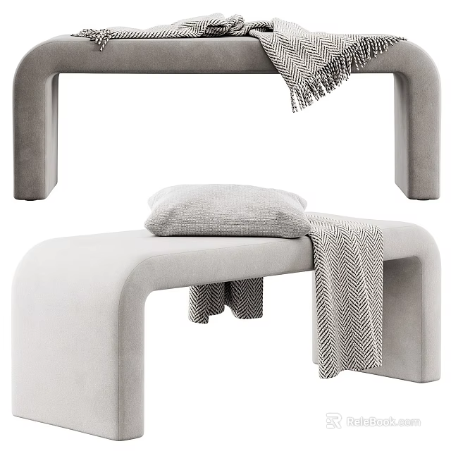 Modern Light Gray Upholstered Sofa Bench With Soft Cushion And Blanket 3d model 