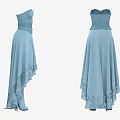 Light Blue Strapless High Waisted Dress With Asymmetrical Hem And Lace Details