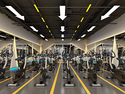 Spacious Modern Gym Interior With Rows Of Exercise Bikes Mirrors And Bright Lighting 3d model